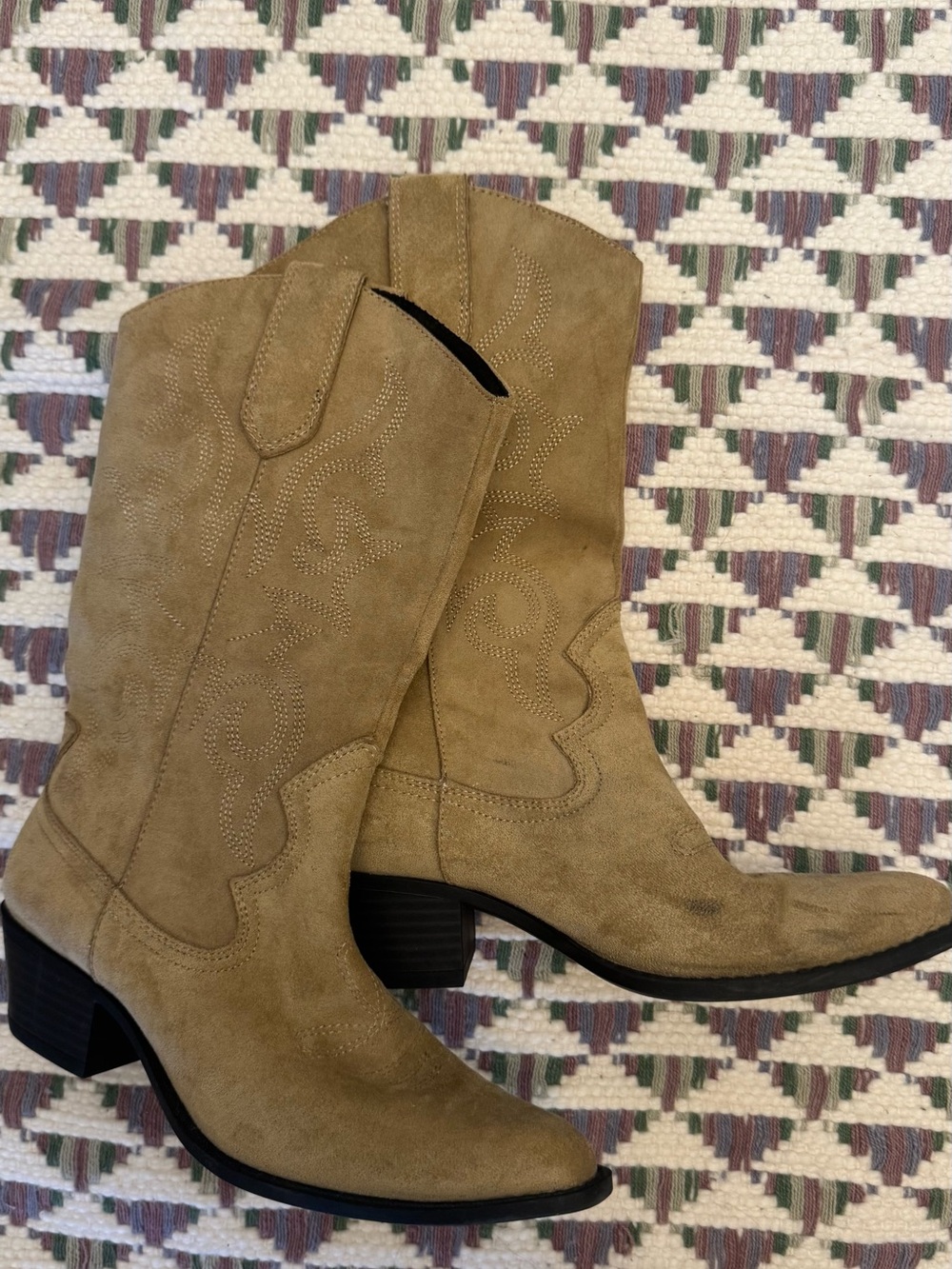 Pull&Bear Tan Suede Western Ankle Boots with Embroidered Detail